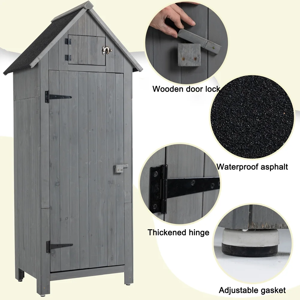 Outdoor Storage Cabinet, Garden Wood Tool Shed, Outside Wooden Shed Closet with Shelves and Latch for Yard, Patio, Deck and Porch