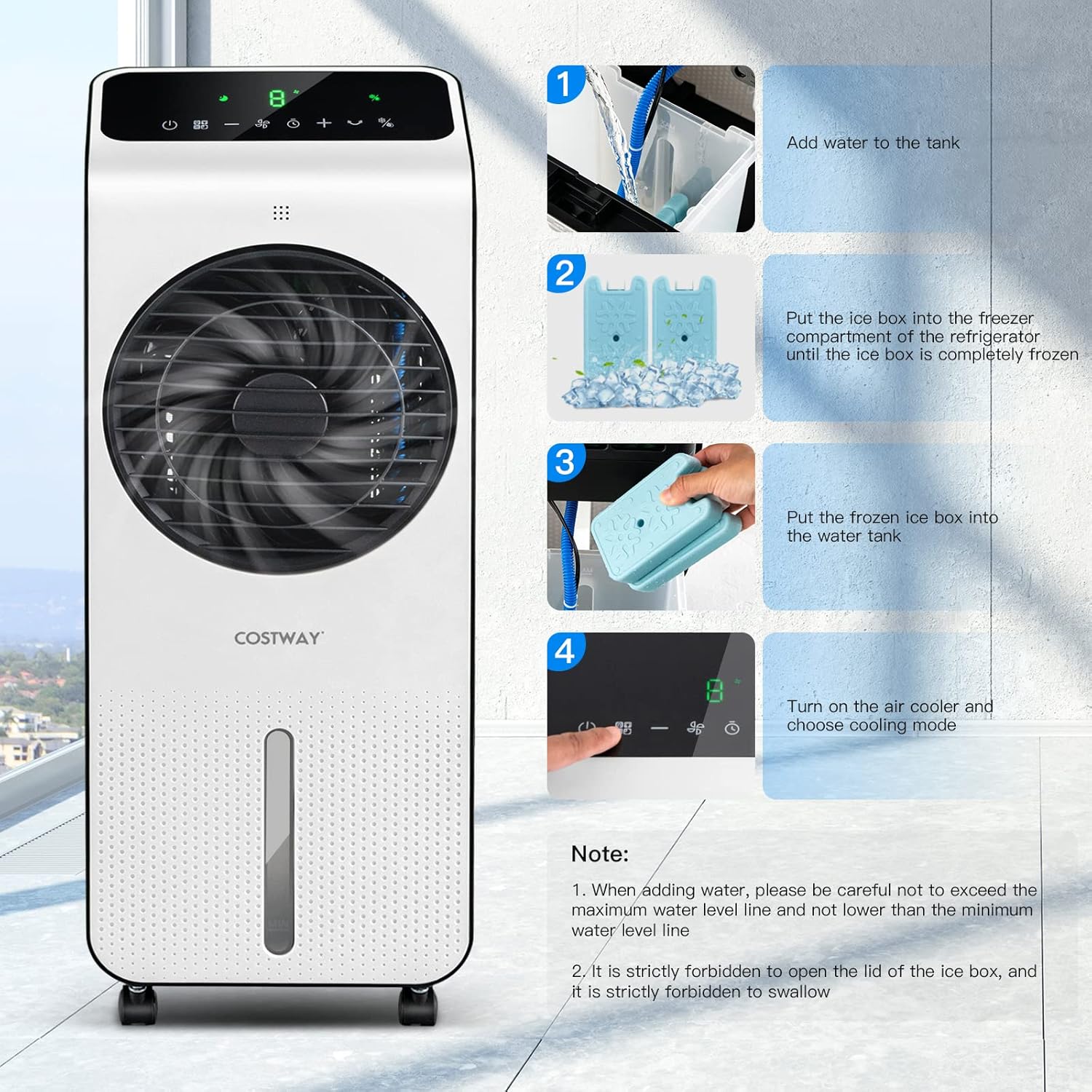 COSTWAY Portable Evaporative Air Cooler, 3-in-1 Swamp Cooler w/Remote Control, 360° Rotating Fan Blade, 3 Modes, 12H Timer, 2 Ice Packs