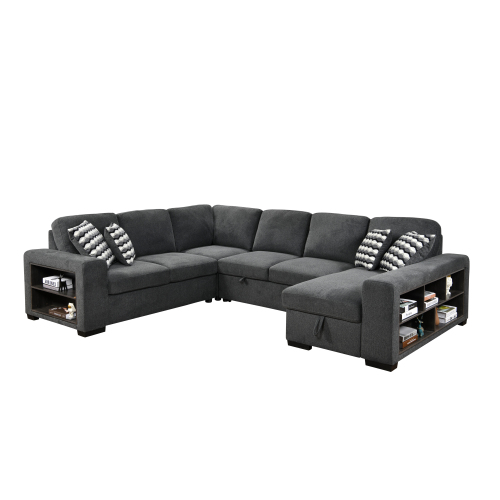Dolonm 125'' Sleeper Sofa with Pull Out Bed and Storage Chaise Ottoman, U Shaped Sectional Couch with Adjustable Headrest and Stools for Living Room