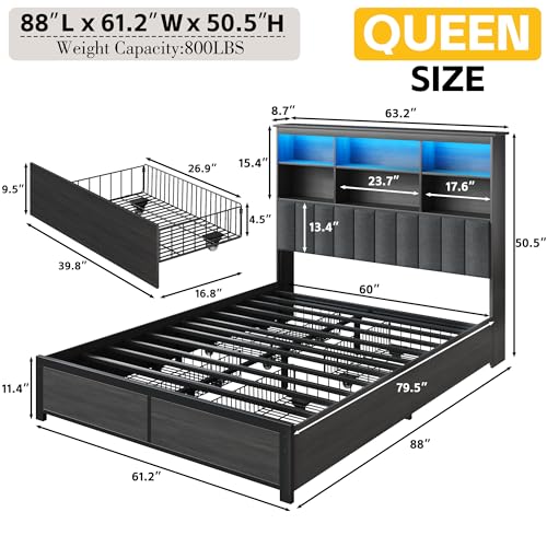 Lifezone Queen Bed Frame with Headboard, Queen Bed Frame with High Storage Bookcase Headboard,4 Storage Drawers & Charging Station & LED