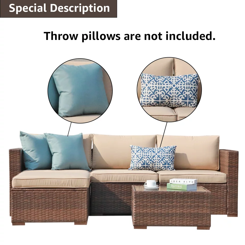 Patiorama 5-Piece Patio Furniture Set, Outdoor Sectional Conversation Set, All-Weather Brown PE Wicker with Beige Cushions