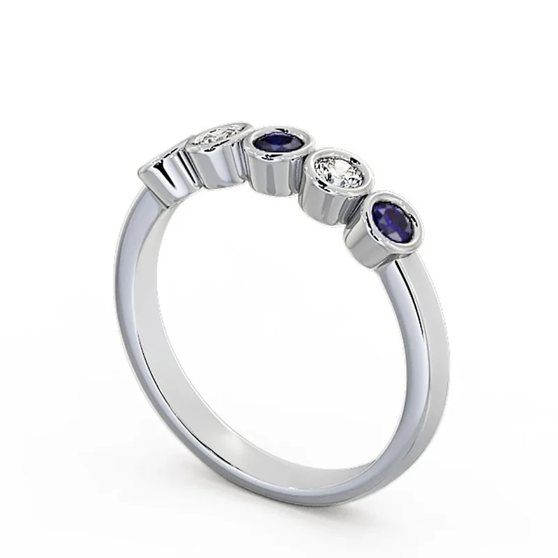 0.50 Ct Round Cut Real Diamond Blue Sapphire Beautiful Eternity Band for Women 14K White Gold Size 9.5
