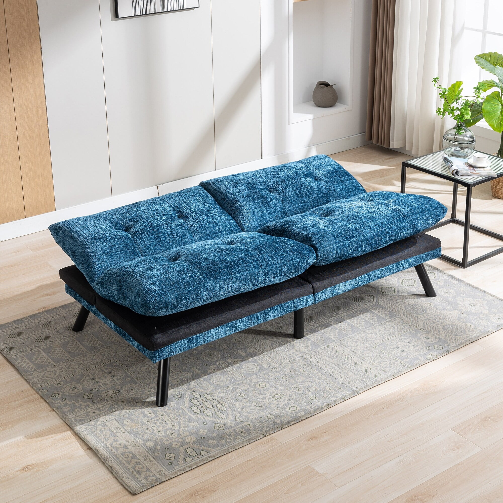 Adjustable Lounge Couch Convertible Sleeper Loveseat Chenille Fabric Futon Sofa Bed with Armless Reclining Sofa Settee, Blue