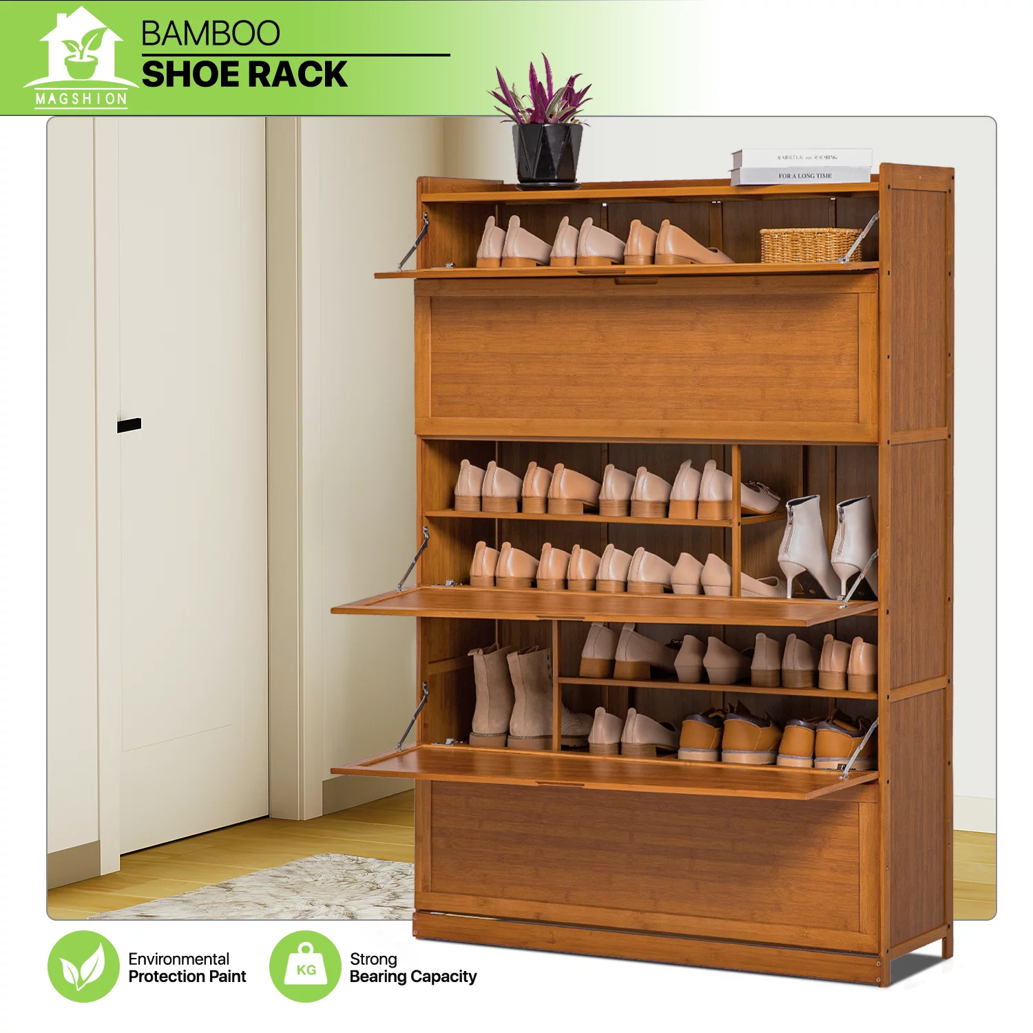 Magshion Bamboo 9 Tier Shoe Organizer Modern Cabinet with Door 41 Pairs Heels Boots, Brown, Hallway Entryway
