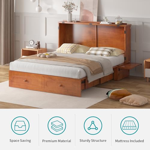 BALUS Murphy Cabinet Bed, Queen Cabinet Chest Bed with USB Charging Station, Tri-Fold Mattress