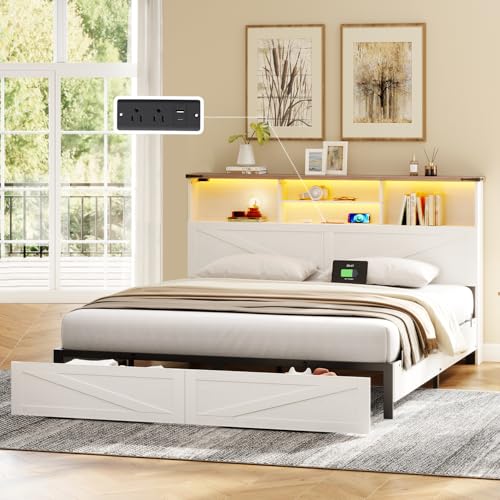 Twin Bed Frame with Bookshelf, Bookcase High Headboard with Charging Station and LED Light, Farmhouse Bed with Storage Drawers, No Box Spring Needed