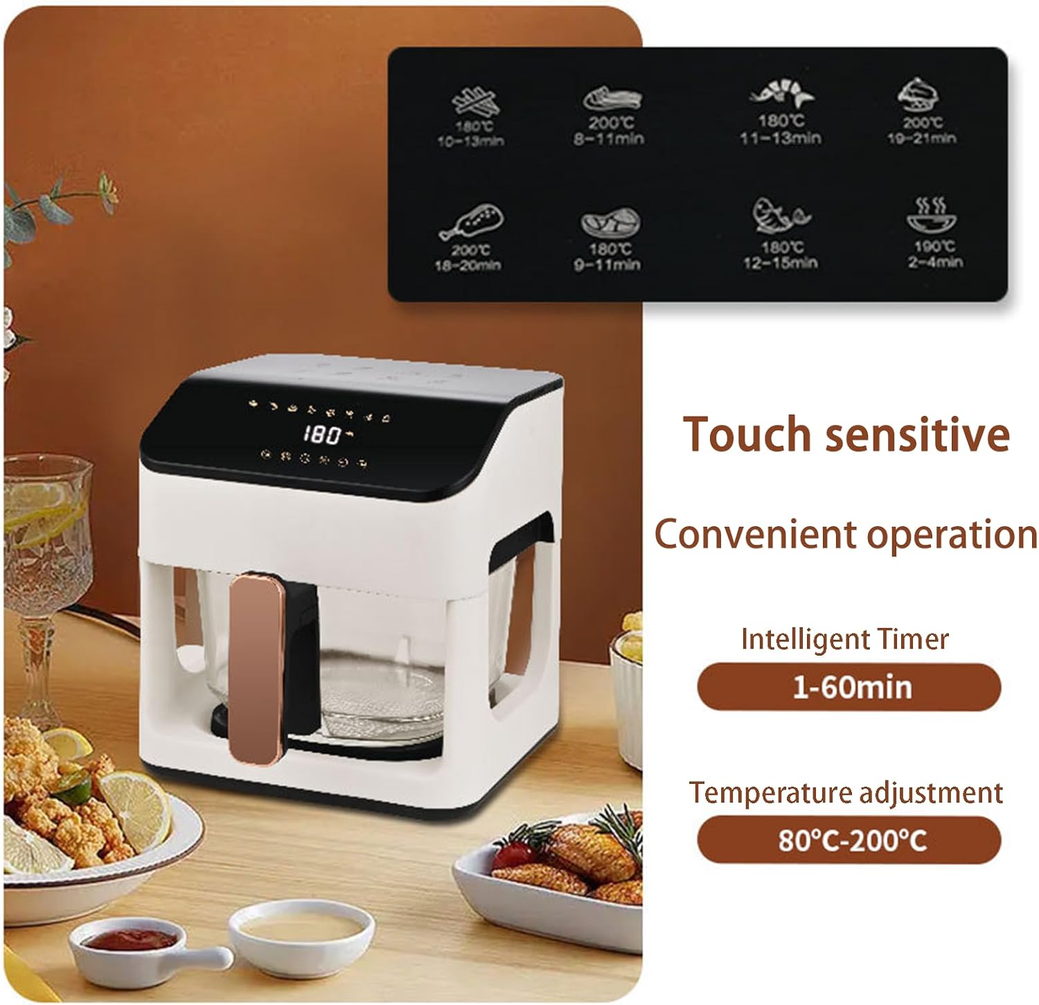 Air Fryers 8L Air Fryer Oven With Led Digital Touch Screen Glass Air Fryer Convection Oven Presets Fry, Roast, Dehydrate, Bake, regular, white, KQZG-1