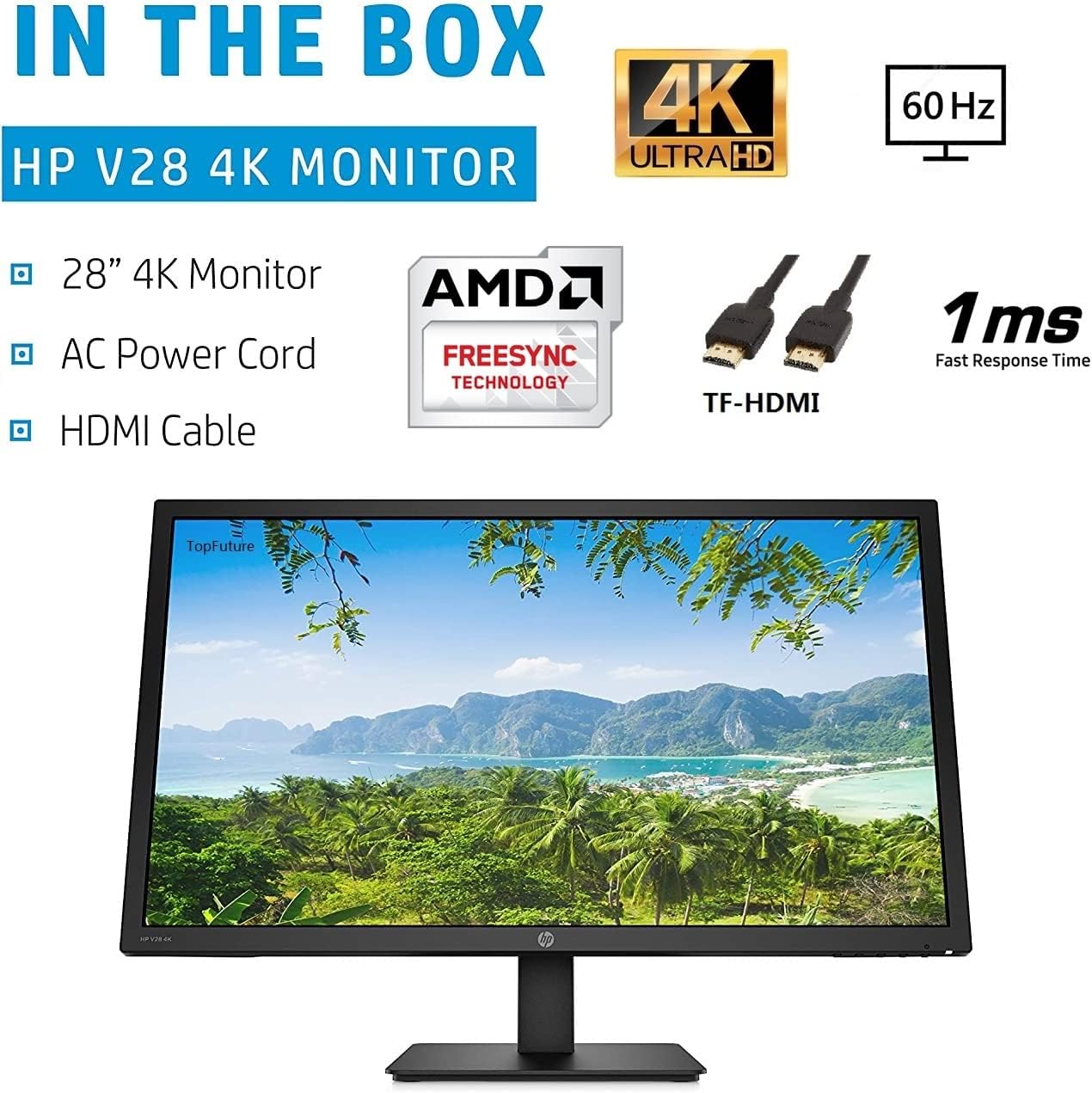 New HP Premium v28 4K Monitor: 28 UHD 3840 x 2160 (4K) TN Slim-Edge Display, AMD FreeSync Tech, Height/Tilt Adjustment, HDMI, DisplayPort