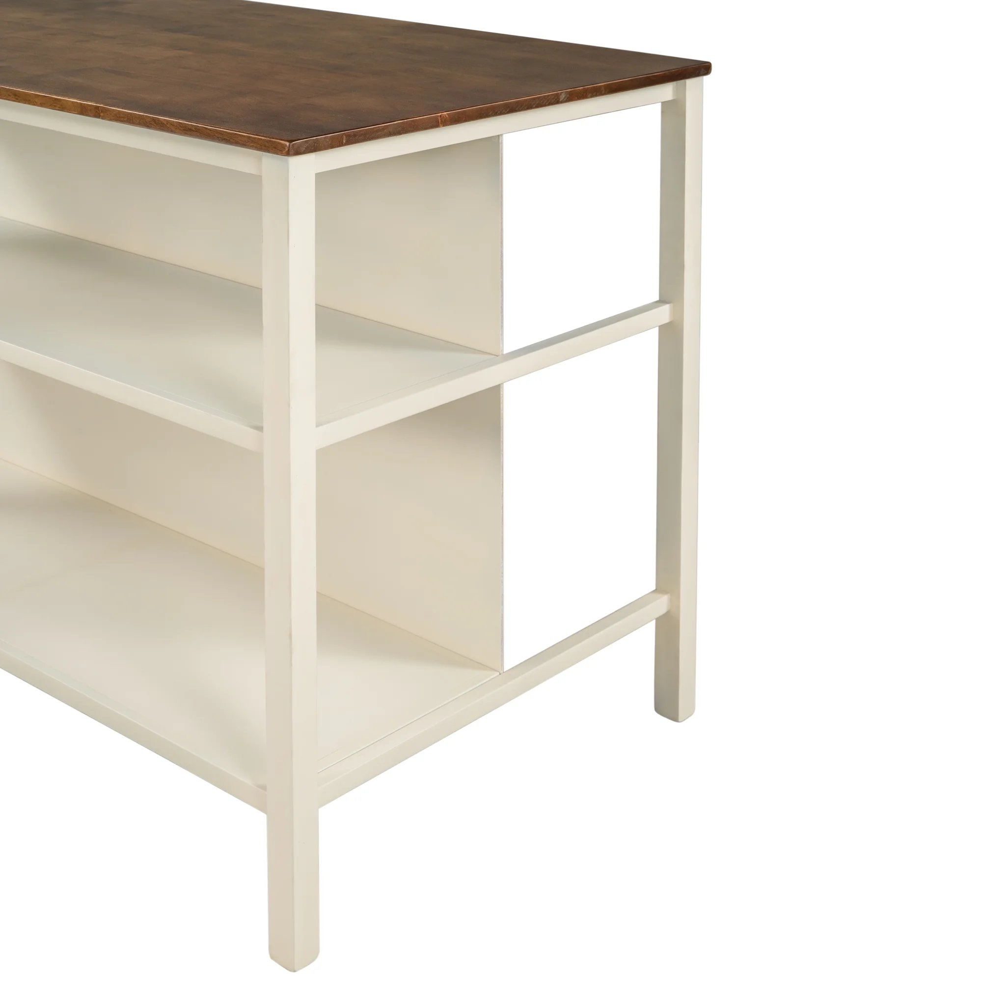 TOPMAX Solid Wood Rustic 45" Stationary Kitchen Island, Rubber Wood Butcher Block Dining Table Prep Table with 2 Open Shelves for Small Places