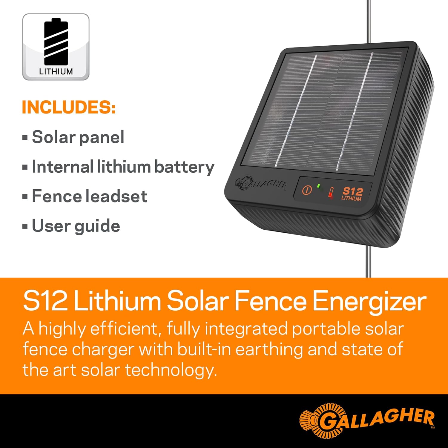 Gallagher S12 Solar Electric Fence Charger | Powers Up to 4 Miles / 18 Acres of Fence | Solar Lithium Technology