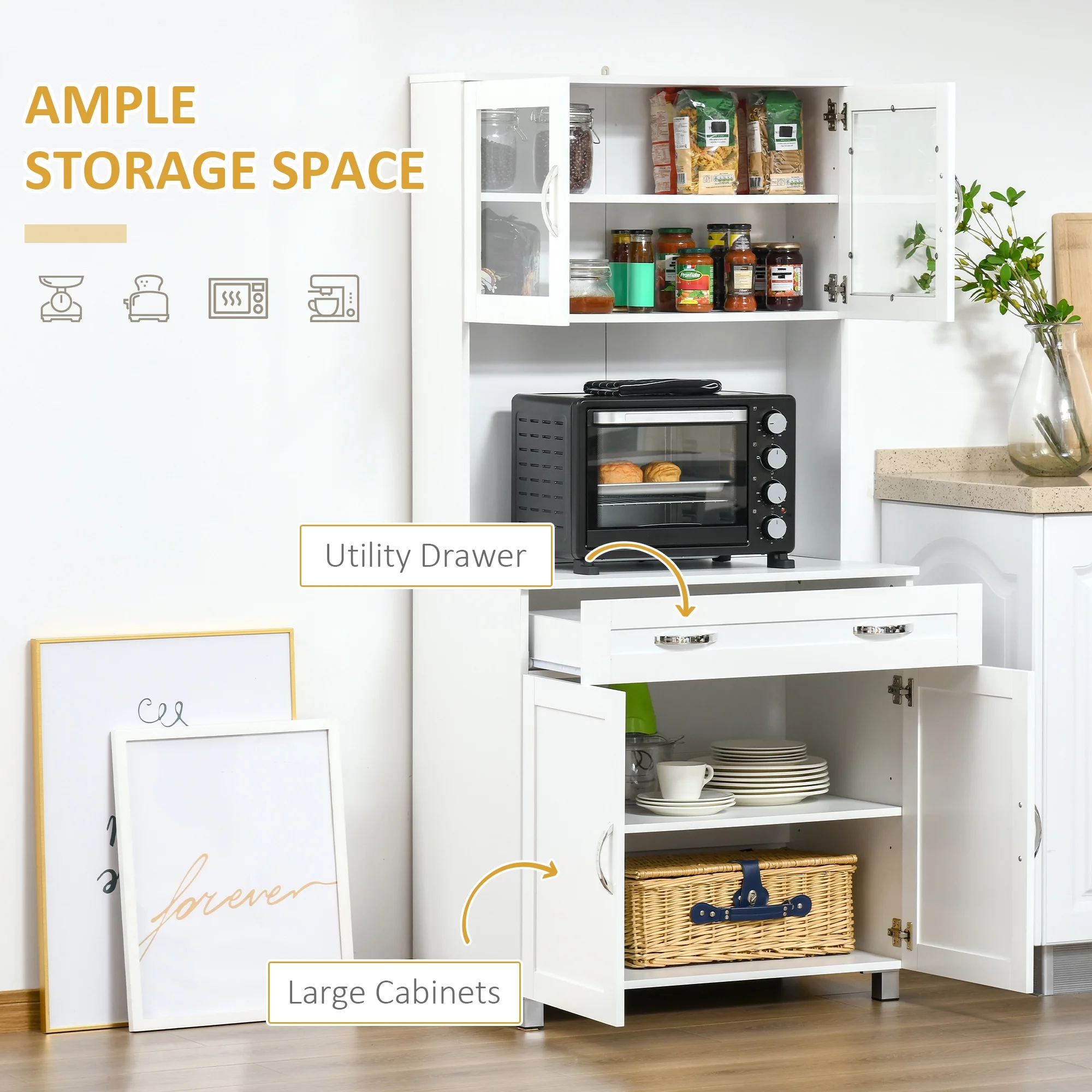 HOMCOM 67" Buffet with Hutch, Modern Kitchen Pantry, Freestanding Storage Cabinet with Framed Glass Doors, Shelves and Drawers, White