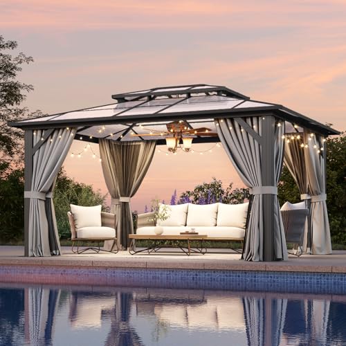 Aoxun 12'x16' Hardtop Gazebo, Aluminum Frame Permanent Pavilion with Netting and Curtains, Outdoor Polycarbonate Double Roof Canopy