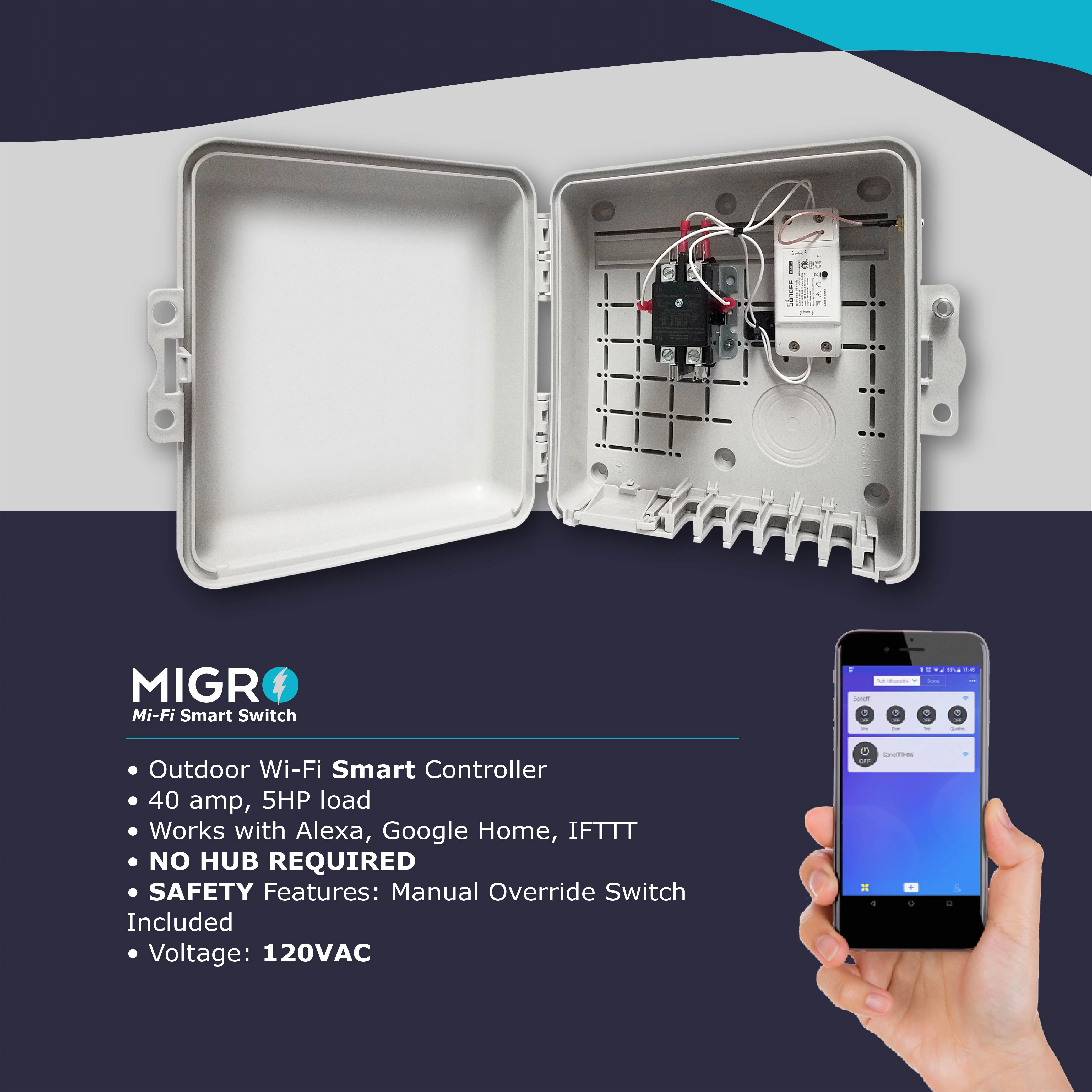MIGRO Outdoor Smart Wi-Fi Outlet Box, Heavy Duty 50A Resistive 120VAC 40A 5HP Wireless Pump Control Timer Switch, Compatible with Smart Phone, Alexa
