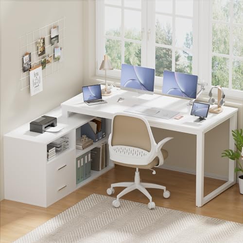 L-Shaped Desk with File Cabinet & Power Outlet, 55 Inch Large Computer Corner Table with Drawers and Storage Shelves for Home Office, White