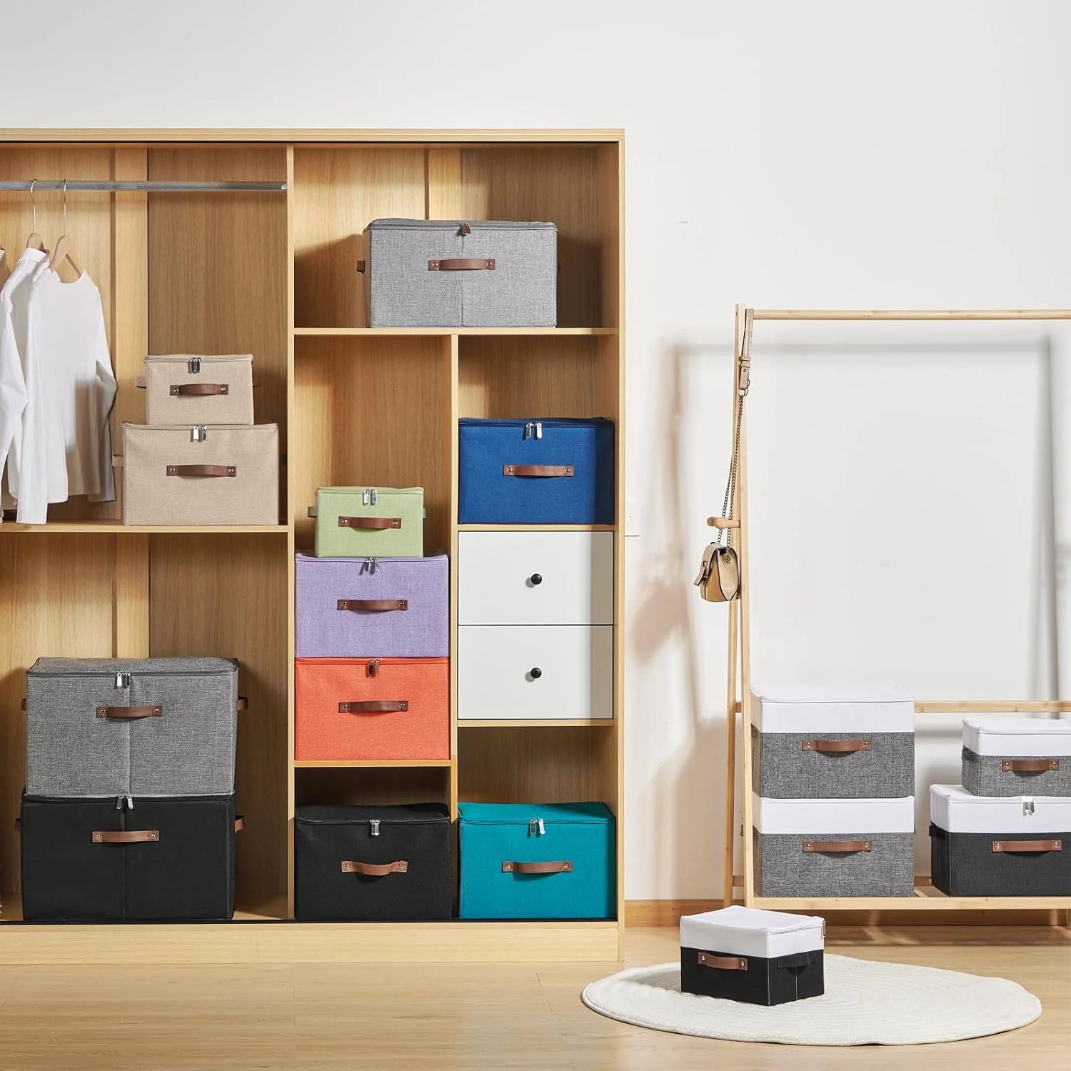 Storage Bins with Zipper Lid Cotton Linen Fabric Lidded Storage Baskets Boxes Foldable Washable Closet Shelf Clothes Organizer Container with PU