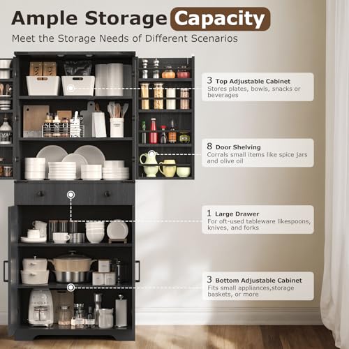 72" Tall Farmhouse Kitchen Pantry Cabinet, Large Storage Cabinet with 6 Adjustable Shelves, 4 Barn Doors & Drawer for Bathroom, Dining Room, Brown