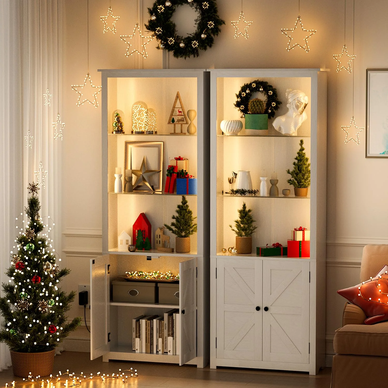 LGHM Bookshelf with LED Light Strip, 70" Tall Sturdy Wood 5-Shelf Bookcase with Adjustable Tempered Glass Shelves, Doors for Home Office, Living Room