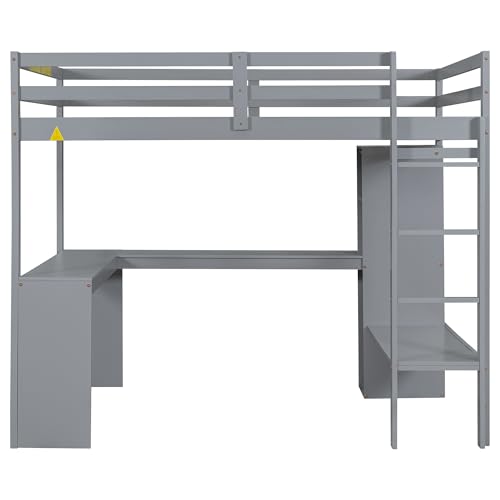 SOFTSEA Full Size Loft Bed with Desk & Wardrobe, Wood Loft Bunk Bed with Storage Shelves and Cabinets