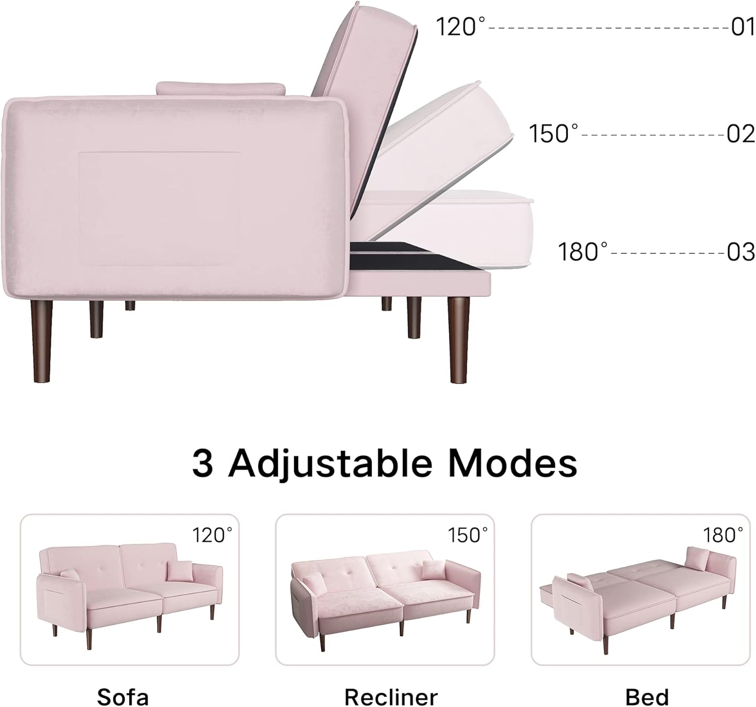 WILLIAMSPACE Futon Sofa Bed, Velvet Convertible Sleeper Sofa with Magazine Bag, Small Splitback Sofa with Tapered Solid Wood Leg