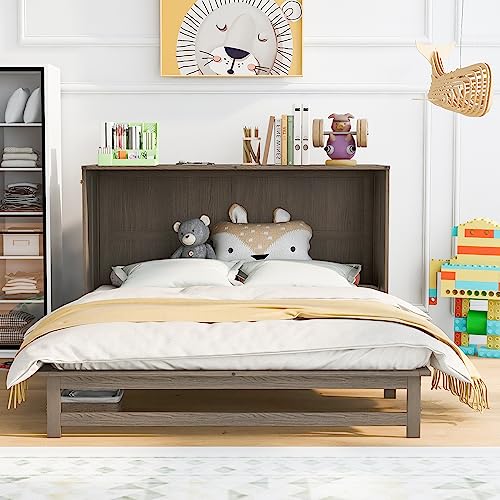 Queen Size Solid Pine Murphy Bed Chest,Cabinet Hideaway Bed with Charging Station and Large Storage Drawer,Wood Wall Bed can be Folded