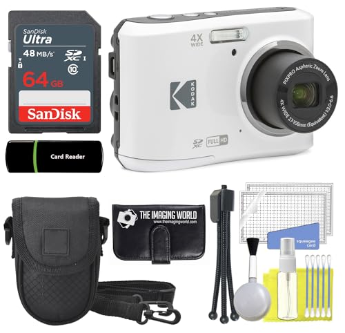 Kodak PIXPRO FZ45 16MP Digital Camera 4X Optical Zoom 27mm Wide Angle 1080P Full HD Video 2.7" LCD Camera (White) + 64GB Card and Reader + Case +