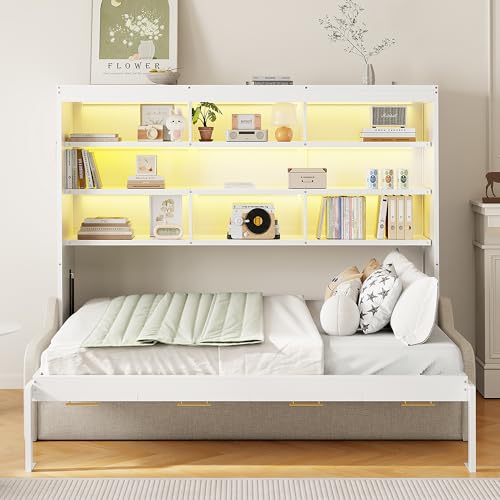 Queen Size Murphy Bed with Sofa, Shelves, USB & Light, Can be Folded Wall Bed and Tall Cabinet with Glass Doors& Wine Rack