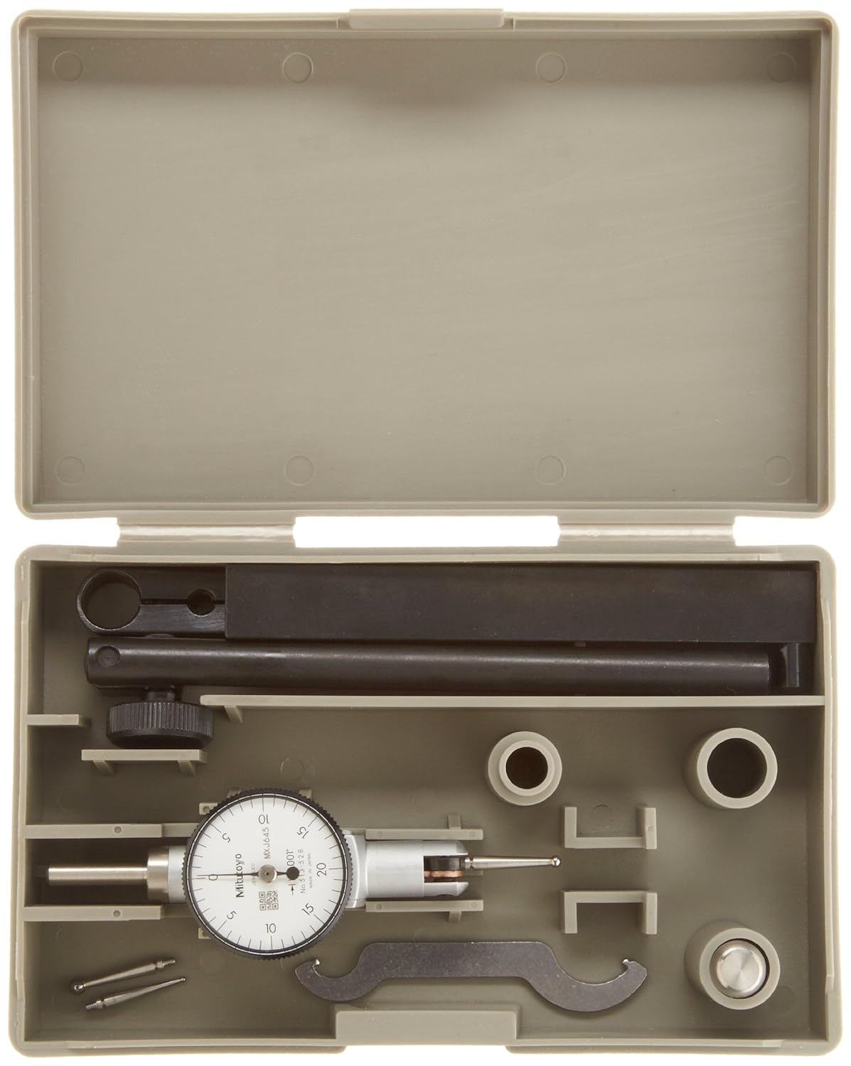 Mitutoyo 513-528T Pocket Type Dial Test Indicator, Full Set, Horizontal Type, 0.375 Stem Dia., White Dial, 0-20-0 Reading, 1.3 Dial Dia.