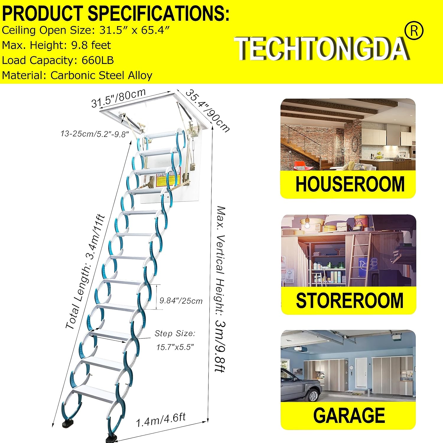 TECHTONGDA Attic Ladder 12 Steps Pull Down Attic Stairs, Folding Ladder Extension Loft Stair, Ceiling Mounted Retractable Loft Ladder
