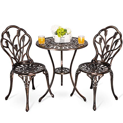 HOMEFUN Bistro Table and Chairs Set of 2 Outdoor 3 Piece Patio Set, Rose Pattern Cast Aluminum Bistro for Garden Balcony