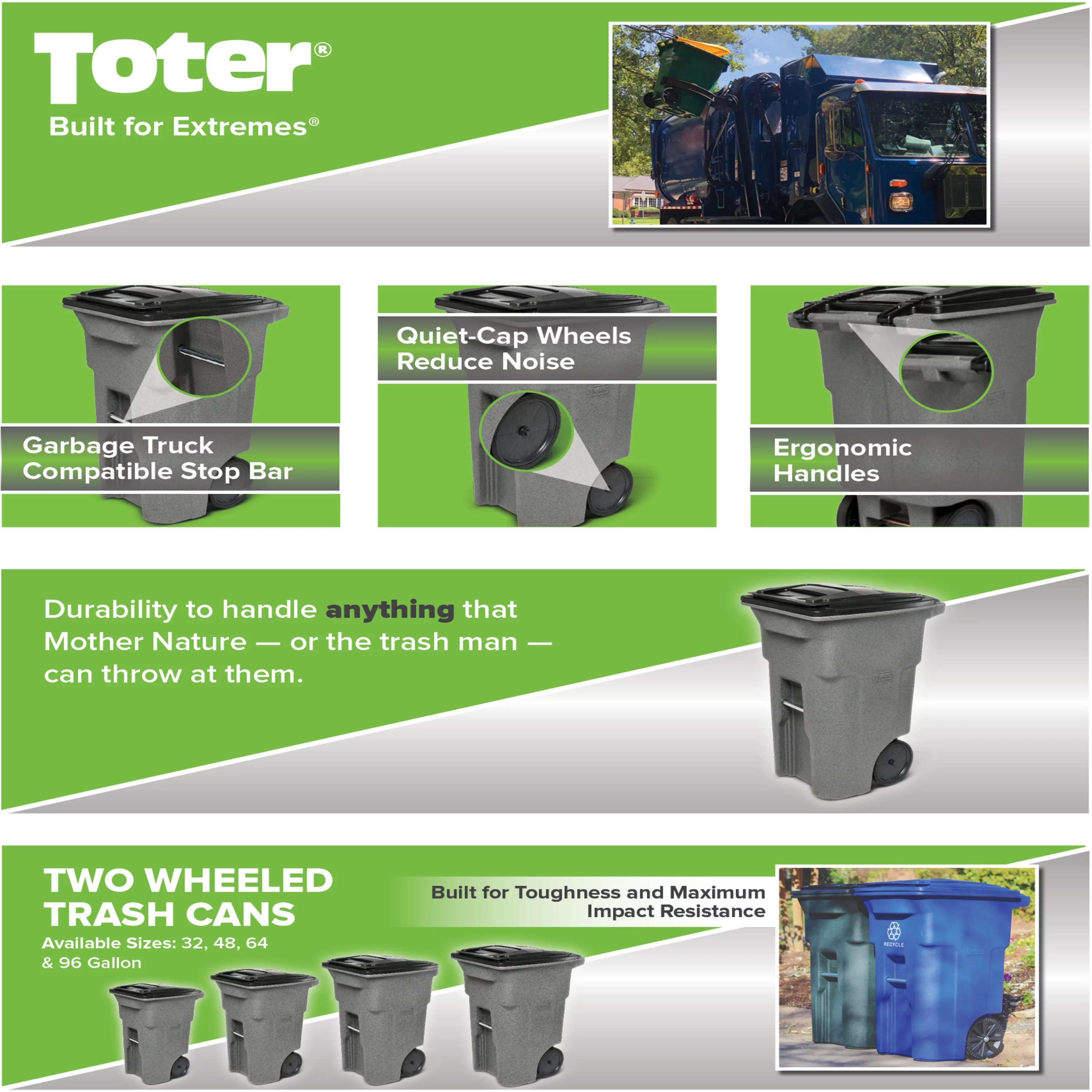 Toter 64 Gal. Trash Can Blackstone with Quiet Wheels and Lid