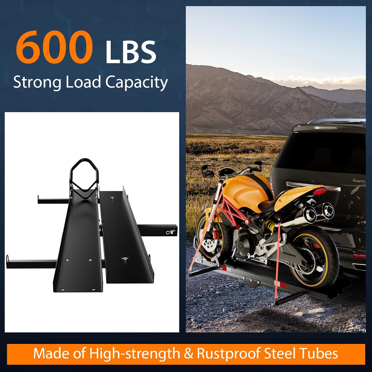 IRONMAX 600LBS Motorcycle Carrier, Heavy Duty Steel Hitch Mount Rack Hauler with Loading Ramp, Wheel Chock & 2 Straps