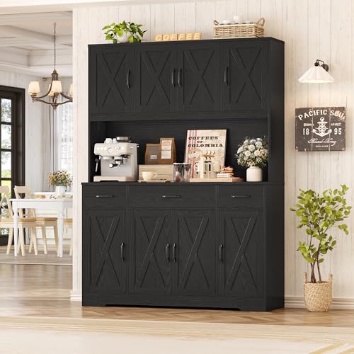 HOSTACK 71" Tall Kitchen Pantry Storage Cabinet with Charging Station, 55" Wide Kitchen Hutch Cabinet with Large Countertop