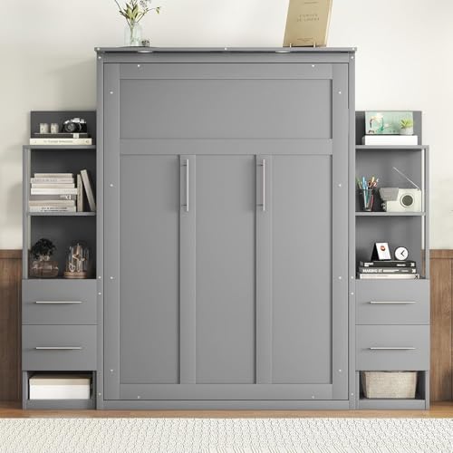 MERITLINE Queen Murphy Bed with Storage Drawers,LED Lights and Shelves,Wood Murphy Wall Bed Cabinet for Adults (Grey)