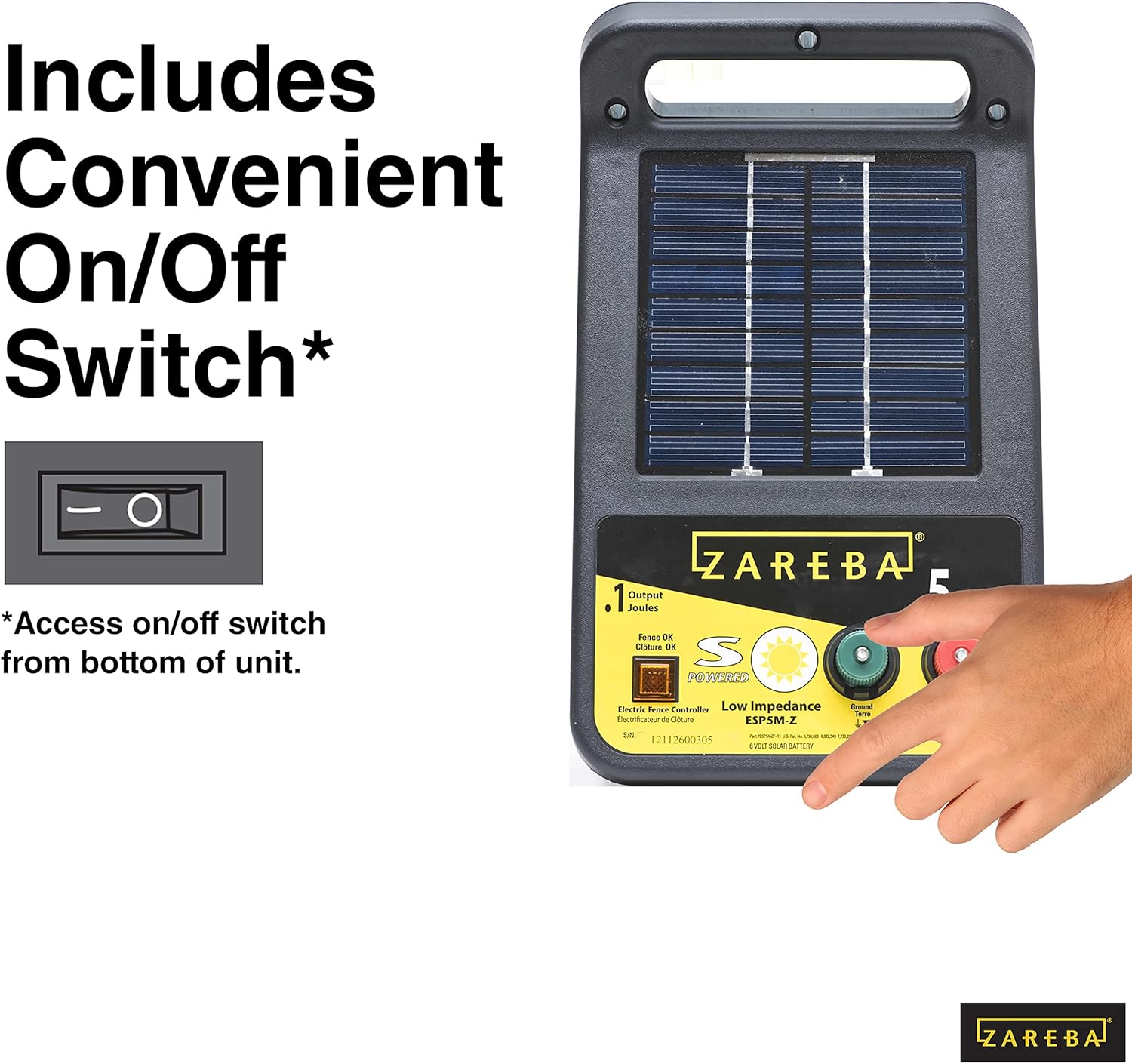 Zareba ESP5M-Z Solar Powered Low Impedance Electric Fence Charger - 5 Mile Lightning Electric Fence Energizer, Contain Animals and Keep Out Predators