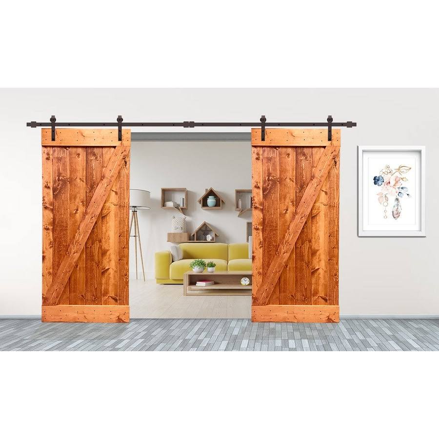 CALHOME 76 in. x 84 in. Z Bar Series Red Walnut Stained Solid Pine Wood Interior Double Sliding Barn Door with Hardware Kit