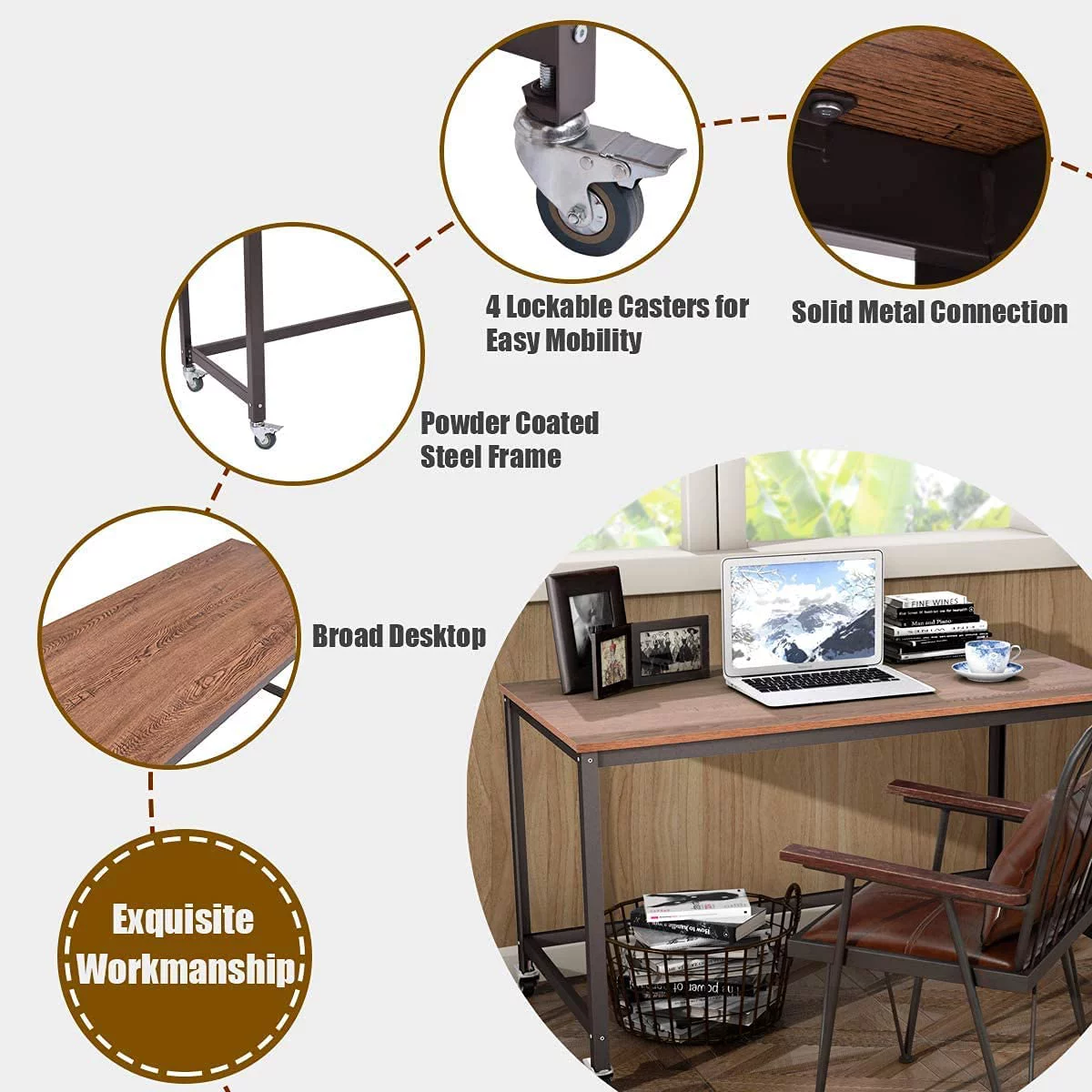 Rolling Computer Desk, Portable Rolling Table, Mobile Home Office Desk Writing Study Desk, Movable Workstation with 4 Smooth Wheels