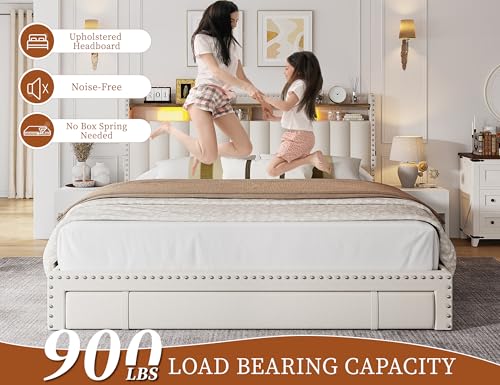 EnHomee Queen Bed Frame with 3 Storage Drawers, Upholstered Bed Frame Queen Size with 2-Tier Storage Headboard, Wooden Slats, No Box Spring Needed
