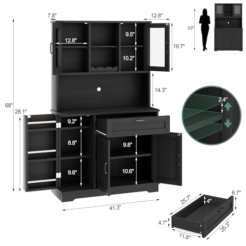 Shintenchi Kitchen Pantry Storage Cabinet, Freestanding Buffet Cabinet with Microwave Stand & 4 Door Shelves, Kitchen Hutch with Doors