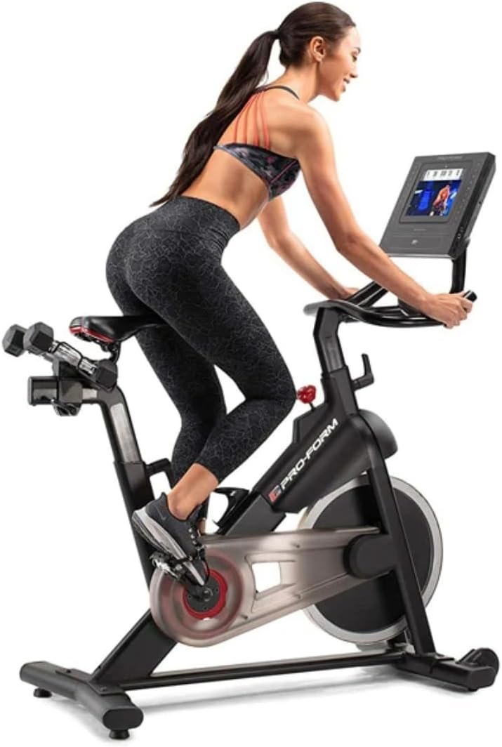Proform Studio Spin bike Pro Exercise Bike with 10” HD Smart Touchscreen and 22 digital resistance levels and Two 3 lb dumbbells for home workout on