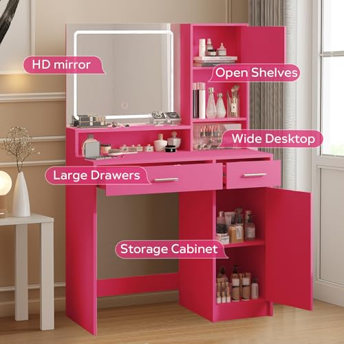 Vanity Desk with Mirror and Light, Large Drawer and Three Level Storage Dresser, 3 Lighting Modes Adjustable Brightness