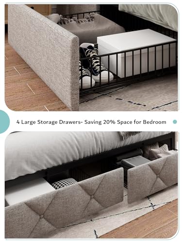 iPormis Queen Bed Frame with 4 Storage Drawers, Upholstered Platform Bed Frame with Charging Station, Modern Wingback Storage Headboard