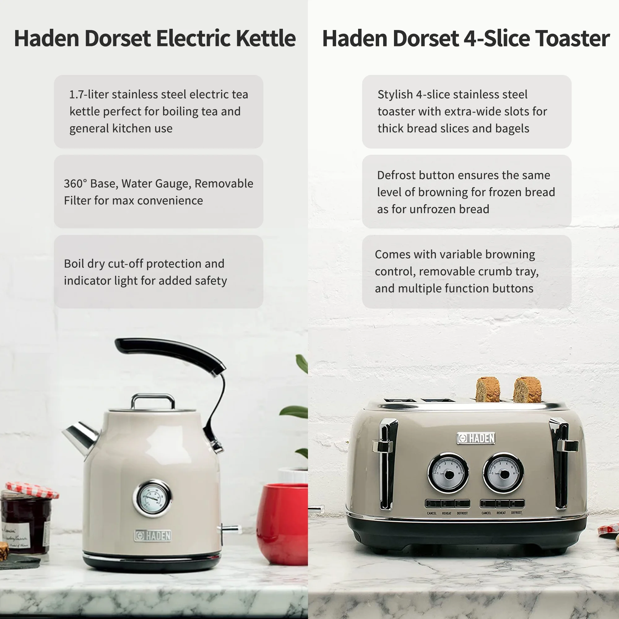 Haden Dorset 1.7 Litrt Stainless Steel Electric Kettle w/ 4 Slice Toaster