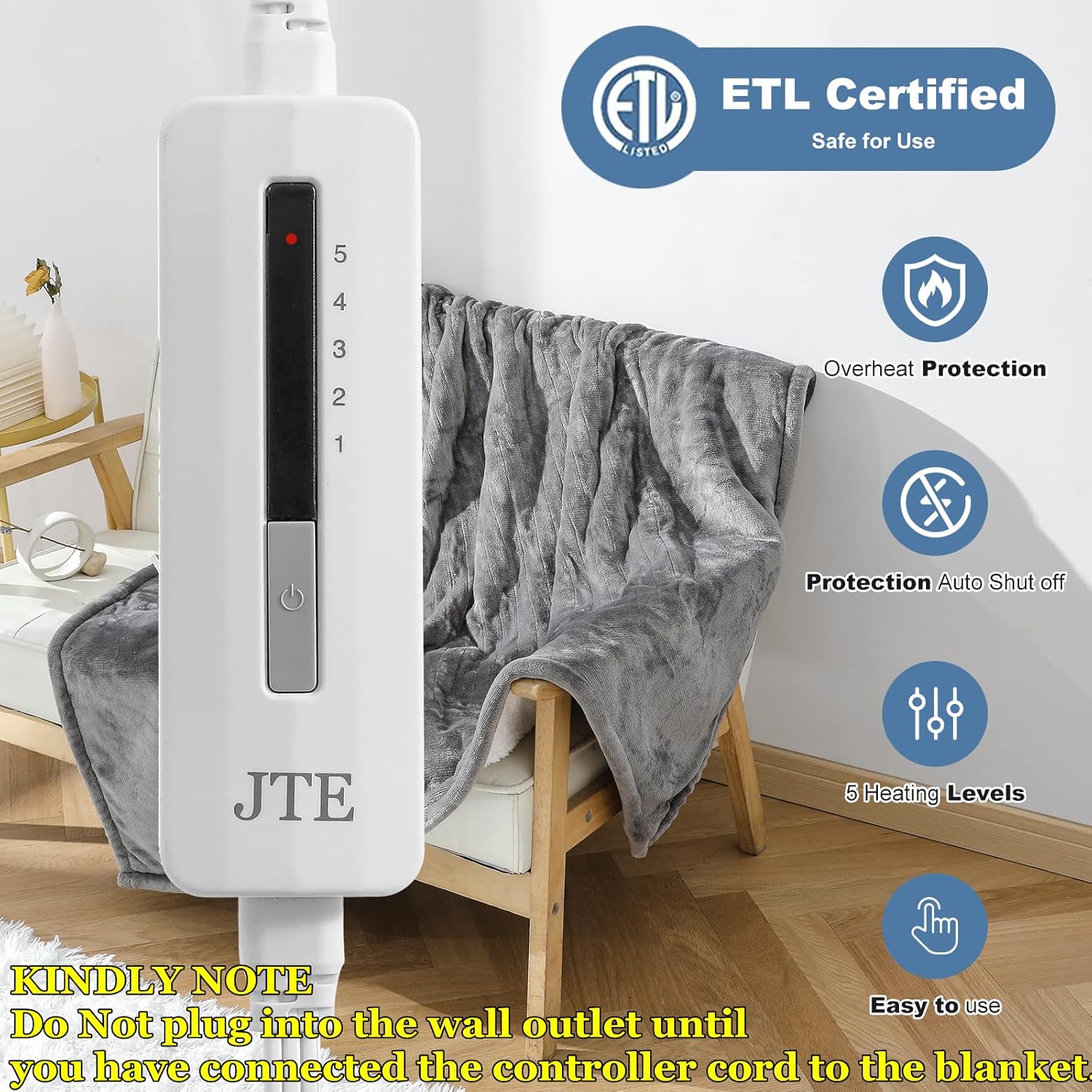 Electric Blanket Heated Throw 5 Heating Levels 3 Hours Auto Off for Home Office Use Heating Warming Blanket with ETL Certificated 50x60 inches