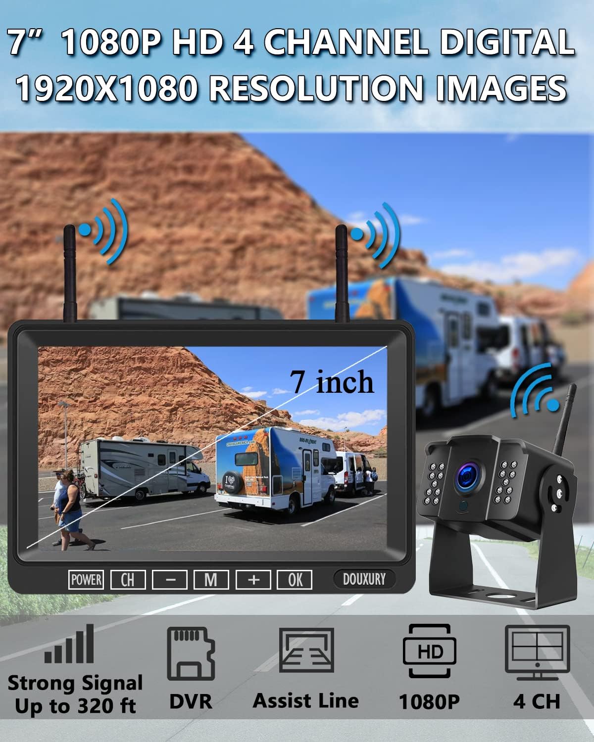 Wireless Backup Camera, DOUXURY IP69 Waterproof 170° Wide View Angle HD 1080P Backup Camera + HD LCD 7 Monitor