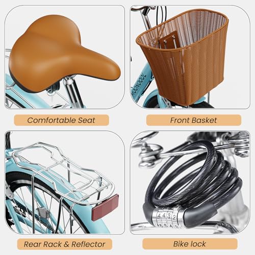 MOONCOOL Womens Bike 7 Speed, 24 26 inch Beach Cruiser Bikes for Women, Step Through Adult Bicycle with Front Basket for City Commuting