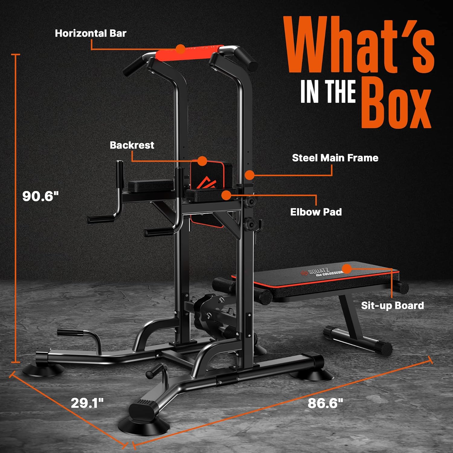 SQUATZ Pull-Up Workout Station with Bench - Multifunctional Gym Equipment Setup w/Pulling Bar, Sit-Up Board, Backrest, Elbow Pad, & Steel Main Frame