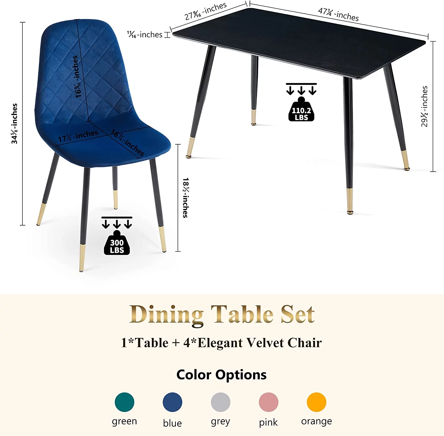 NORDICANA Dining Table Set for 4,Classic Faux Wood Rectangular Dining Table with 4 Upholstered Velvet Dining Chair Space Saving for Apartment