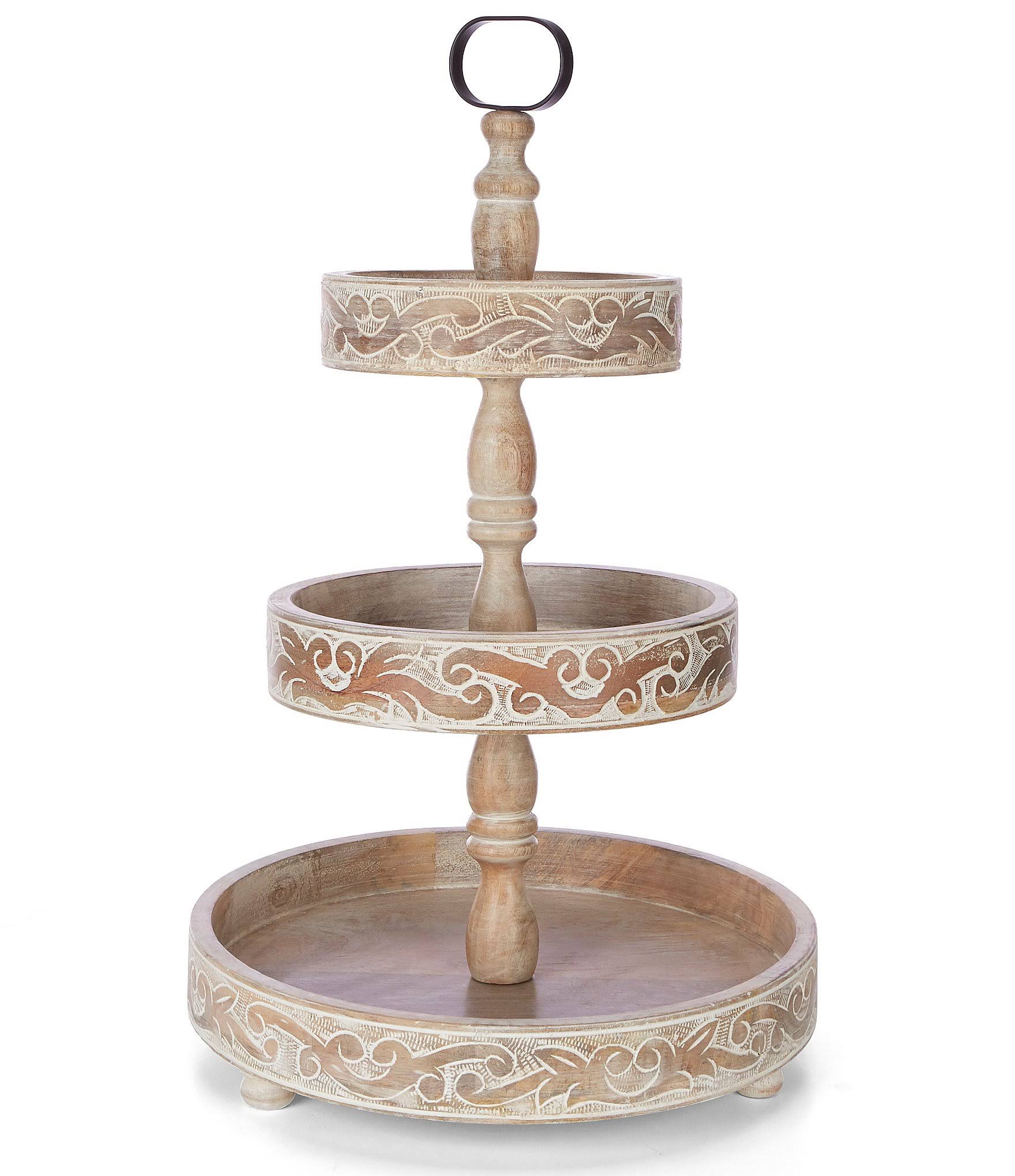 Southern Living Scroll White Wash Mango Wood 3-Tier Carved Server