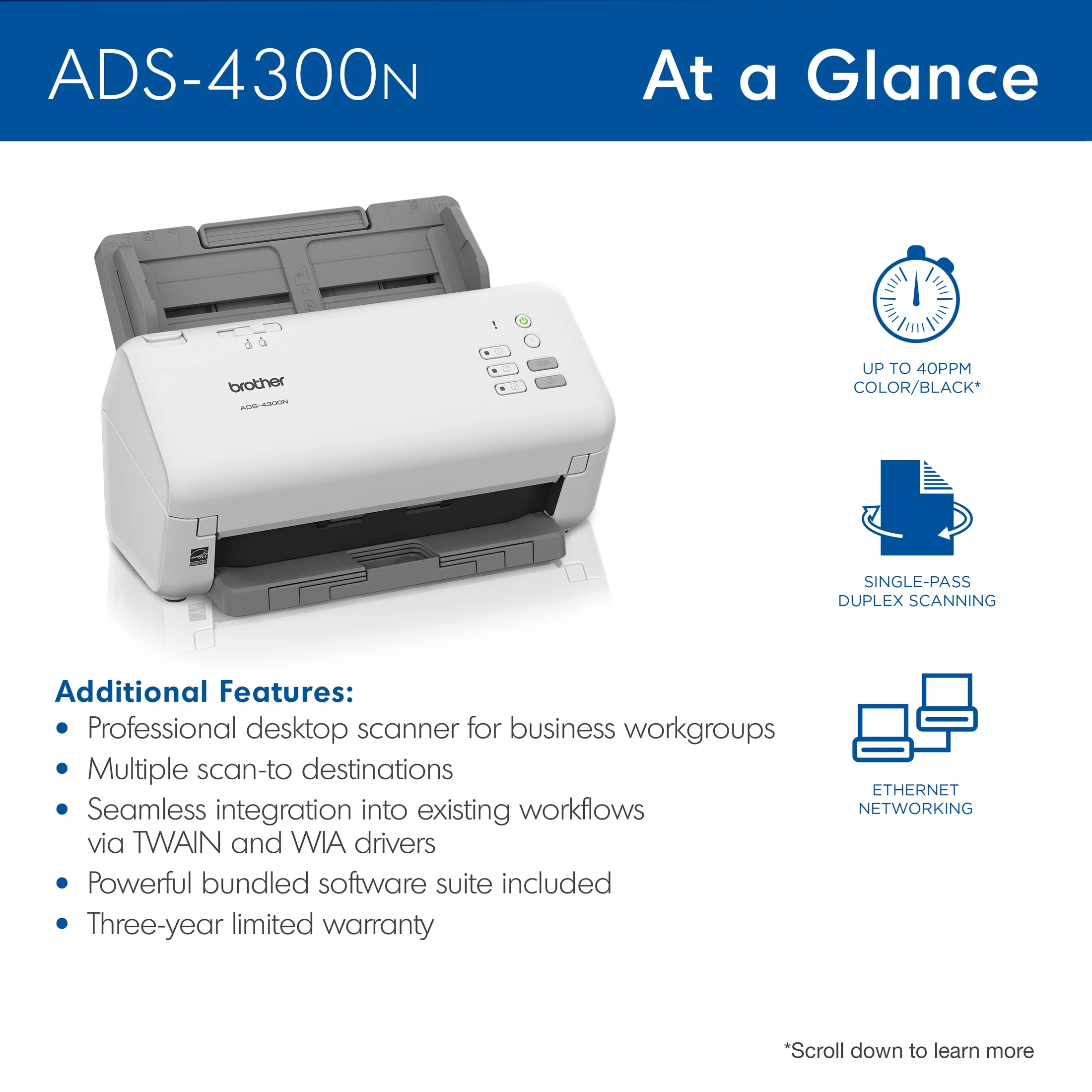 Brother ADS4300N Professional Desktop Document Scanner for Business Workgroups