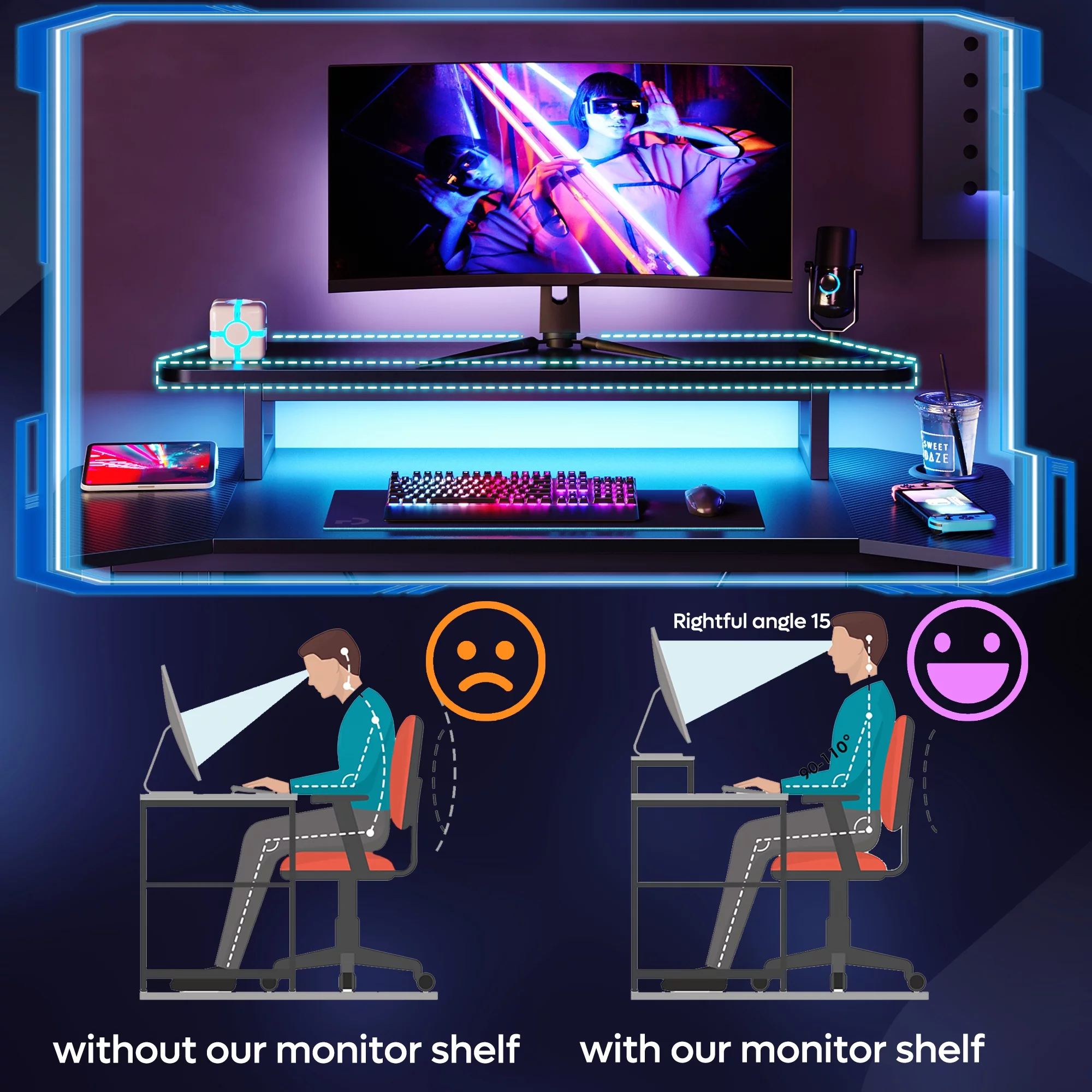 Bestier Gaming Desk 50 Inch PC Computer Desk with LED Lights Monitor Stand Cup Holder, Black